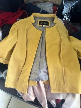 Metro Yellow Women's Leather Jacket - Open Front Short Sleeve
